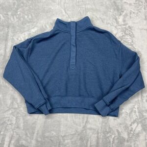 American Eagle Copped Sweater Womens M Blue Knit Raglan Sleeve T-Snap 1/4 Button